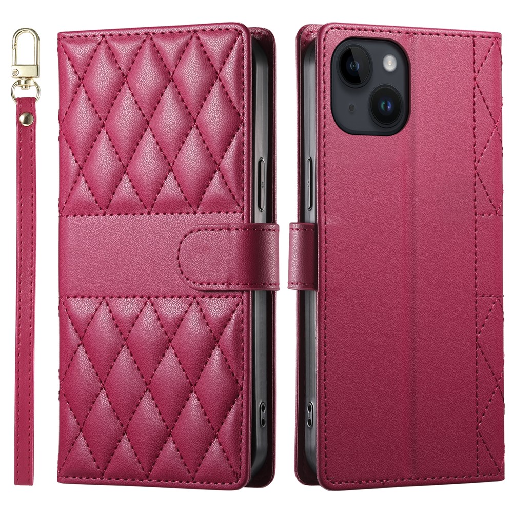 For iPhone 14 Case Rhombus Stitching Wallet Stand Leather Phone Cover with Long  /  Short Strap - Red