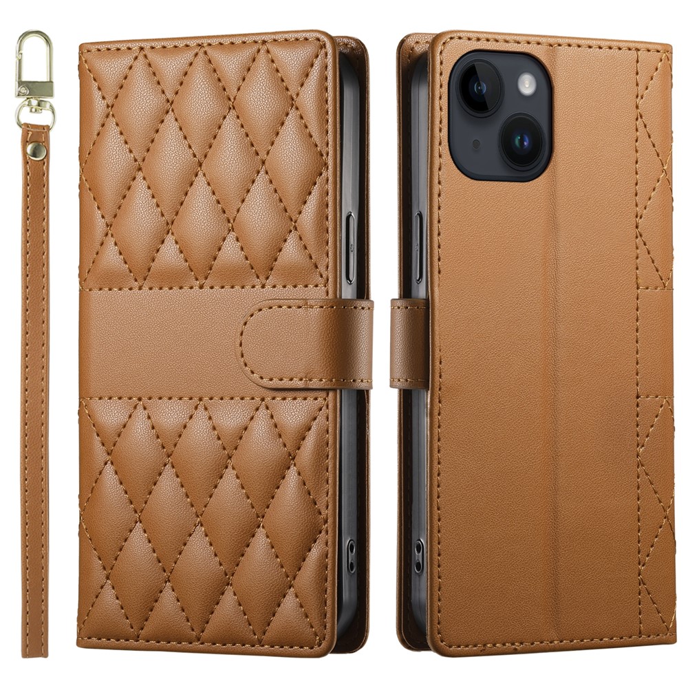 For iPhone 14 Case Rhombus Stitching Wallet Stand Leather Phone Cover with Long  /  Short Strap - Brown