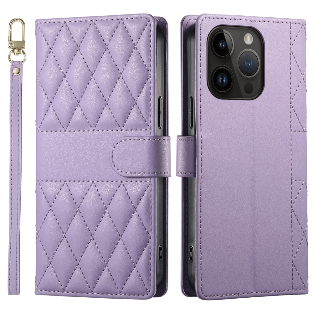 For iPhone 14 Pro Case Rhombus Stitching Wallet Stand Leather Phone Cover with Long  /  Short Strap - Purple