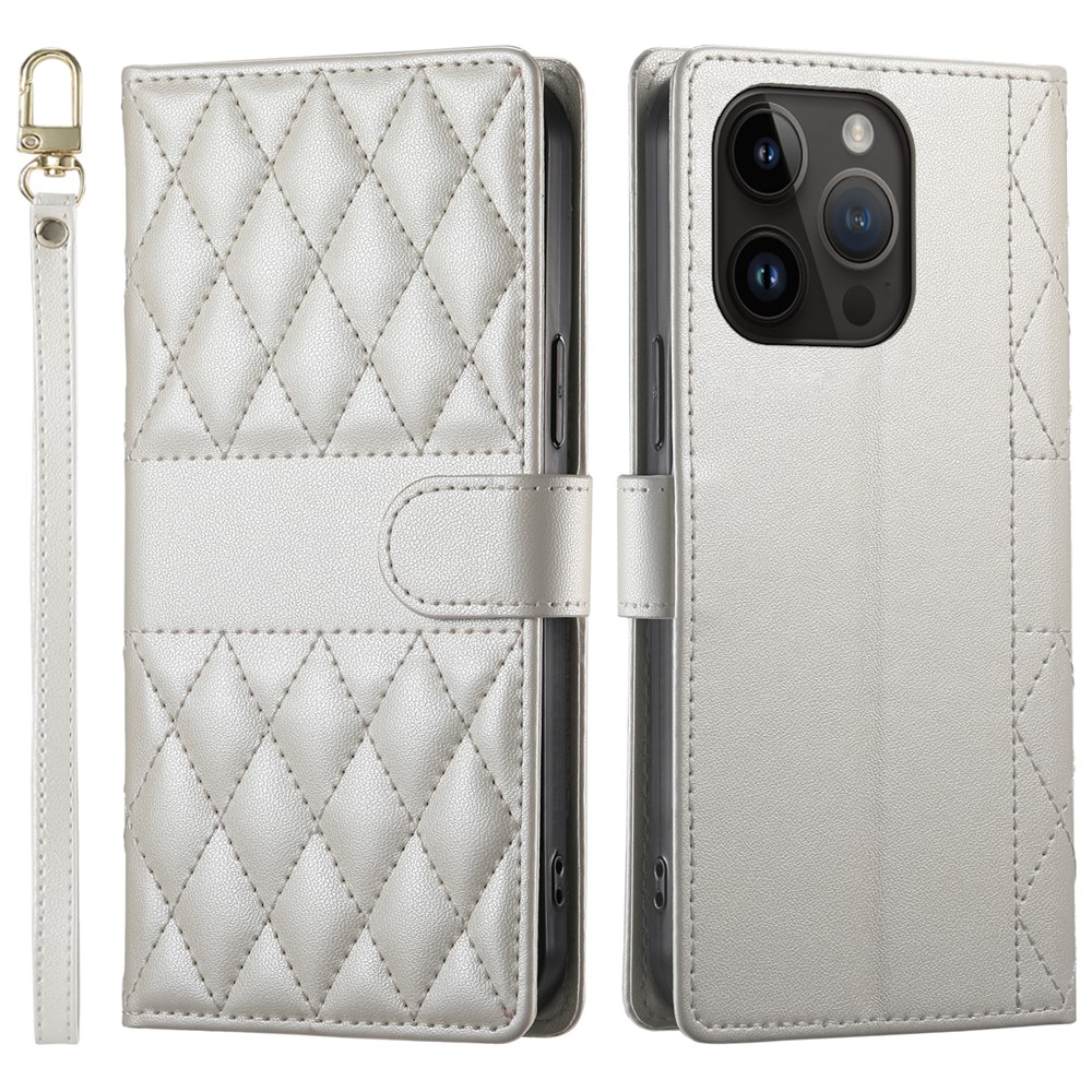 For iPhone 14 Pro Case Rhombus Stitching Wallet Stand Leather Phone Cover with Long  /  Short Strap - Beige