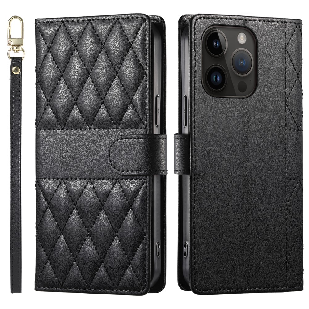 For iPhone 14 Pro Case Rhombus Stitching Wallet Stand Leather Phone Cover with Long  /  Short Strap - Black