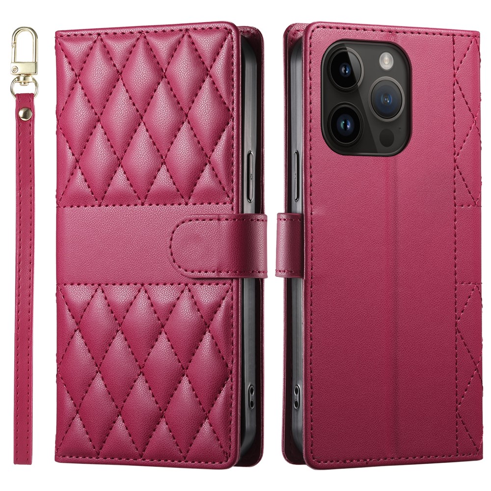 For iPhone 14 Pro Case Rhombus Stitching Wallet Stand Leather Phone Cover with Long  /  Short Strap - Red