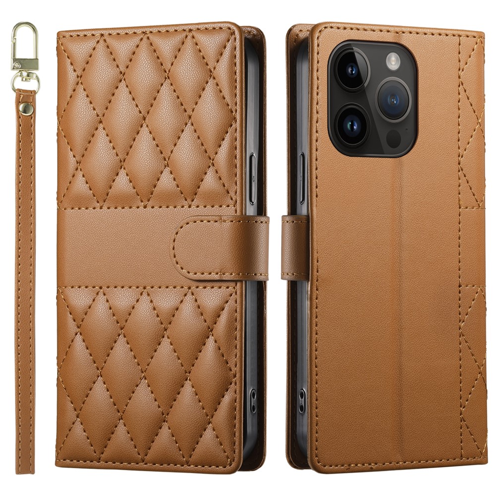 For iPhone 14 Pro Case Rhombus Stitching Wallet Stand Leather Phone Cover with Long  /  Short Strap - Brown