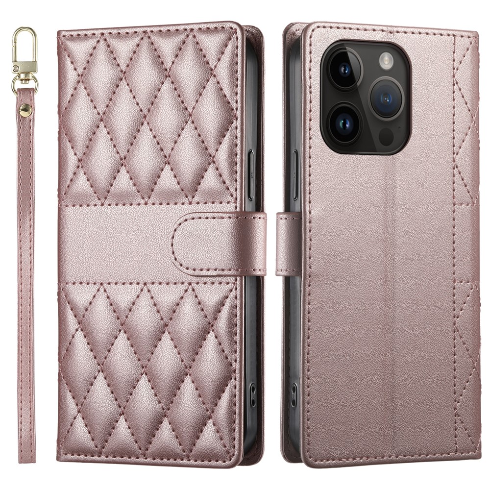 For iPhone 14 Pro Case Rhombus Stitching Wallet Stand Leather Phone Cover with Long / Short Strap - Rose Gold