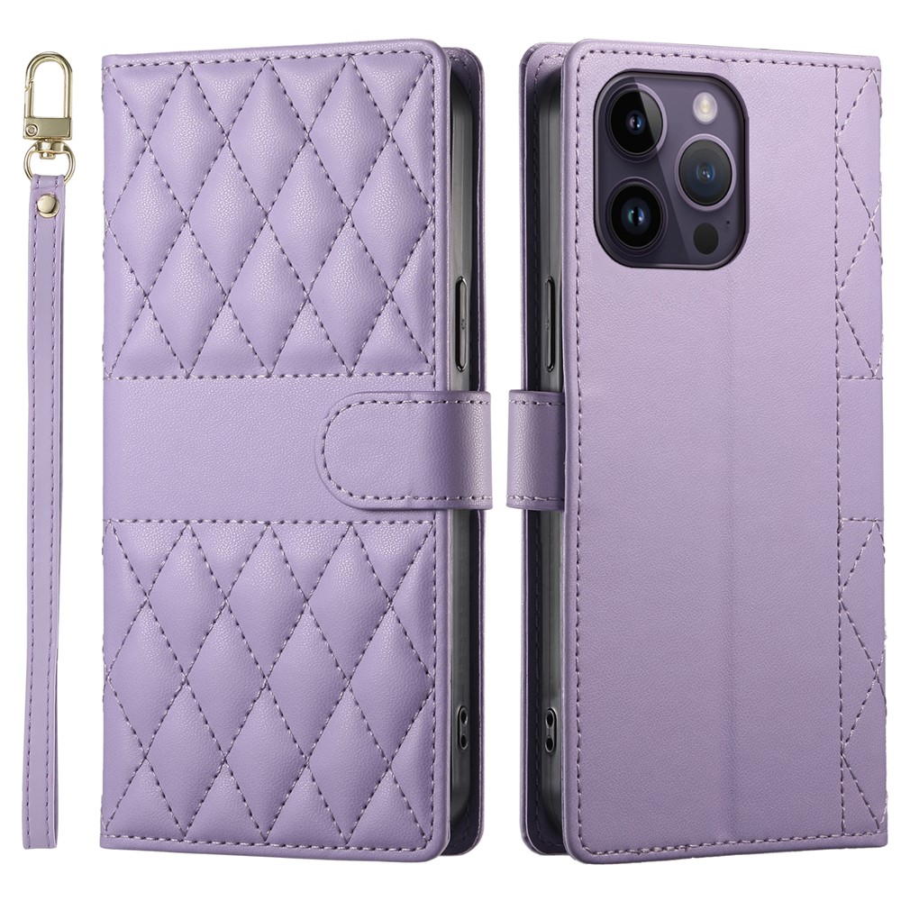 For iPhone 14 Pro Max Case Rhombus Stitching Wallet Stand Leather Phone Cover with Long  /  Short Strap - Purple