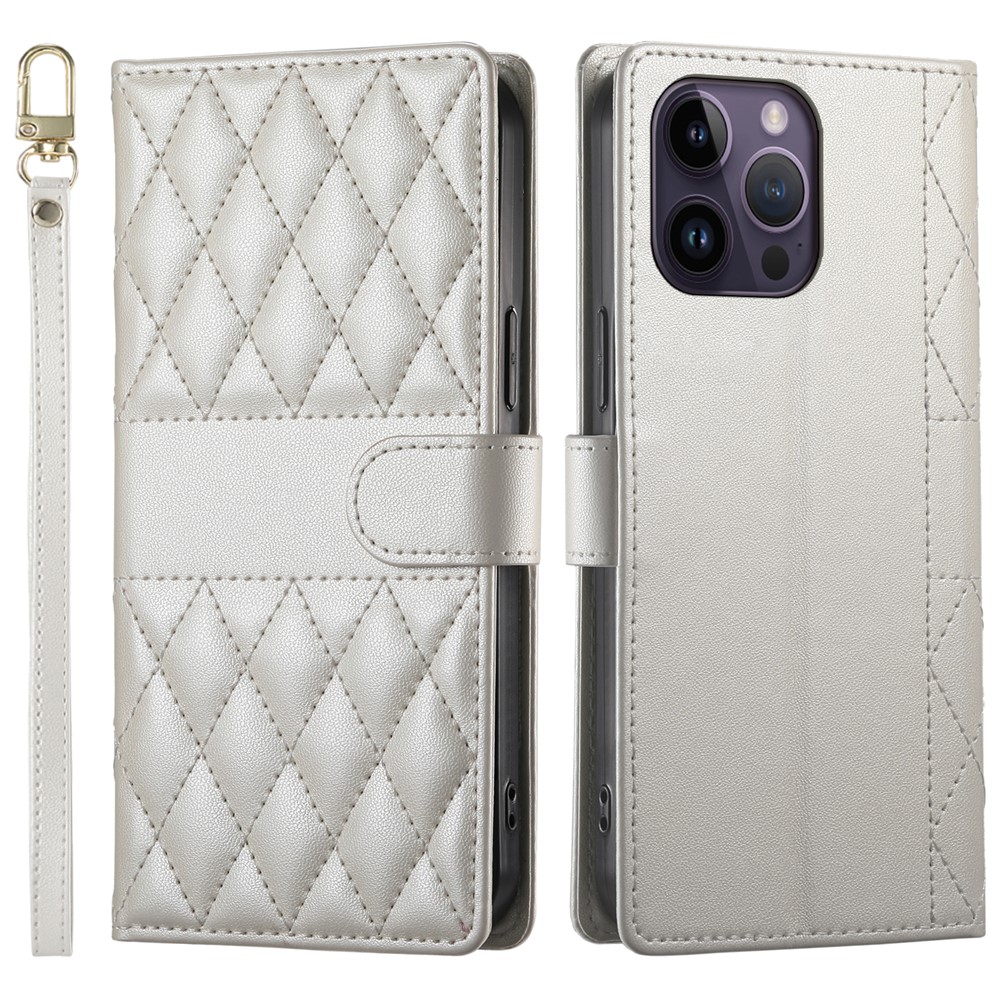 For iPhone 14 Pro Max Case Rhombus Stitching Wallet Stand Leather Phone Cover with Long  /  Short Strap - Beige