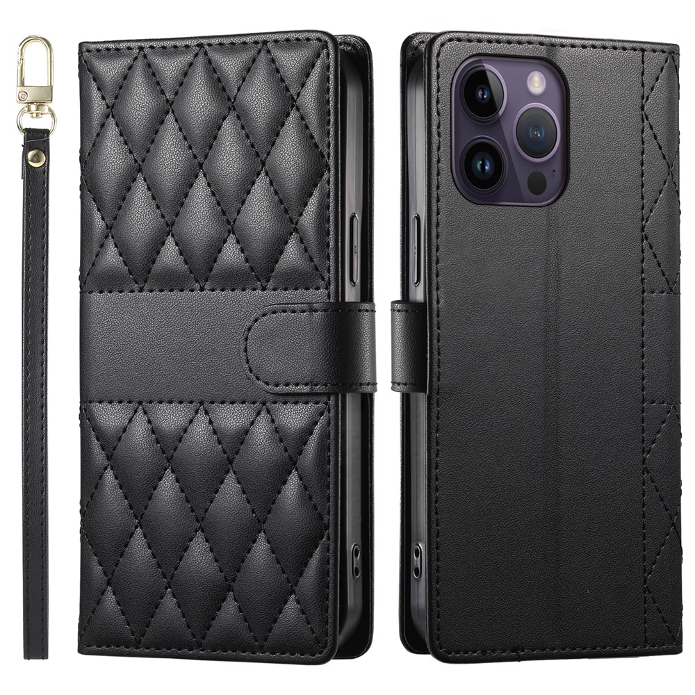 For iPhone 14 Pro Max Case Rhombus Stitching Wallet Stand Leather Phone Cover with Long  /  Short Strap - Black