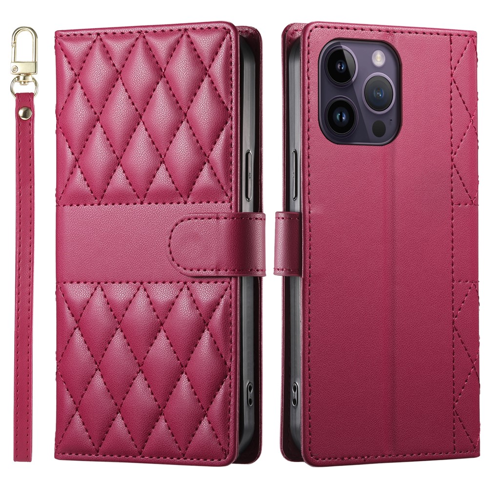 For iPhone 14 Pro Max Case Rhombus Stitching Wallet Stand Leather Phone Cover with Long  /  Short Strap - Red