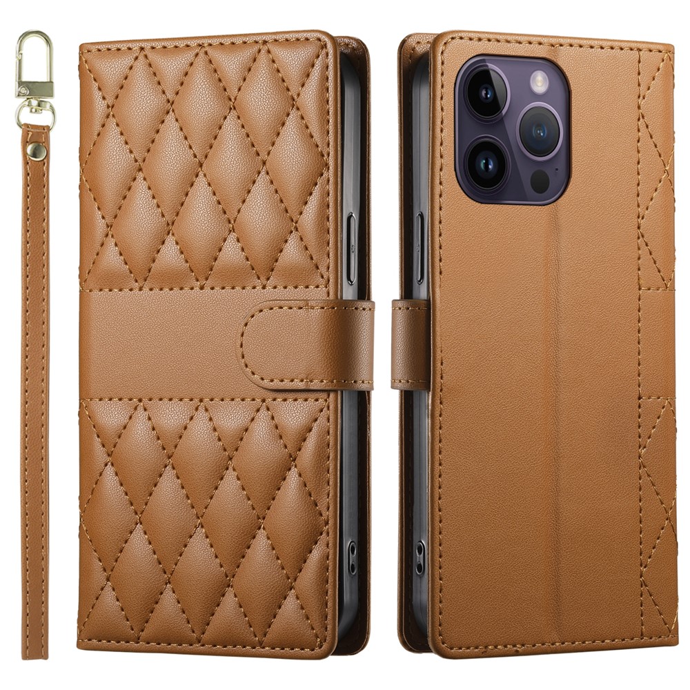 For iPhone 14 Pro Max Case Rhombus Stitching Wallet Stand Leather Phone Cover with Long  /  Short Strap - Brown