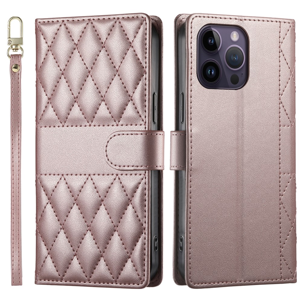 For iPhone 14 Pro Max Case Rhombus Stitching Wallet Stand Leather Phone Cover with Long / Short Strap - Rose Gold
