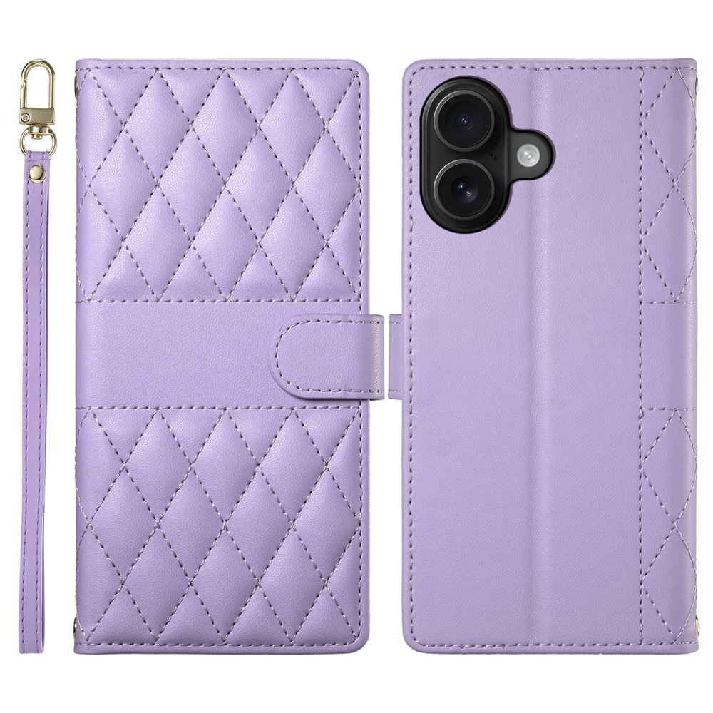 For iPhone 16 Plus Case Rhombus Stitching Wallet Stand Leather Phone Cover with Long  /  Short Strap - Purple