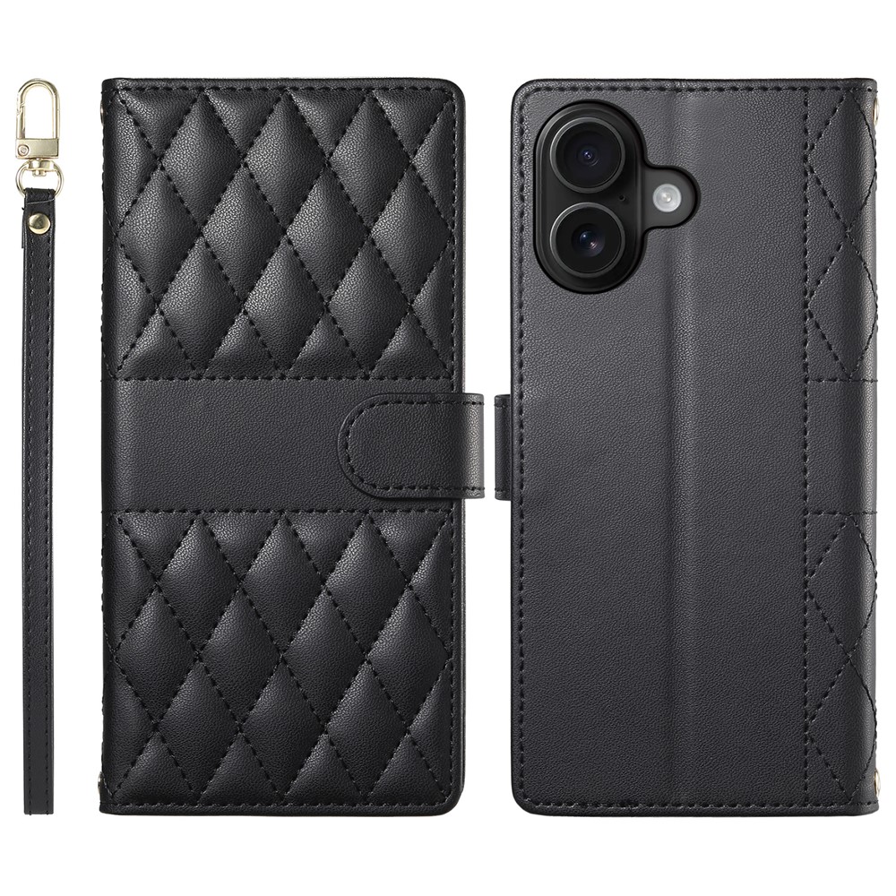 For iPhone 16 Plus Case Rhombus Stitching Wallet Stand Leather Phone Cover with Long  /  Short Strap - Black