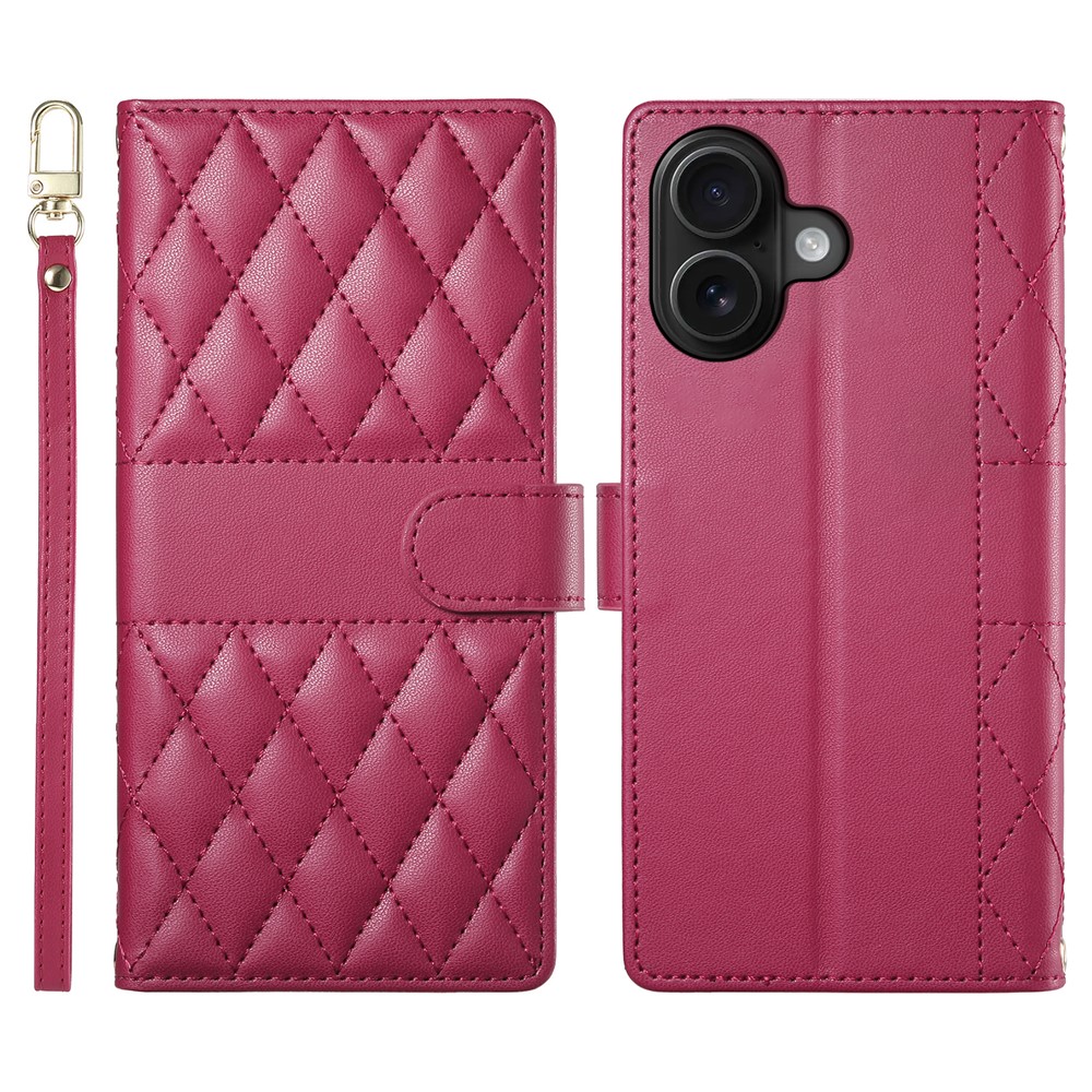 For iPhone 16 Plus Case Rhombus Stitching Wallet Stand Leather Phone Cover with Long  /  Short Strap - Red
