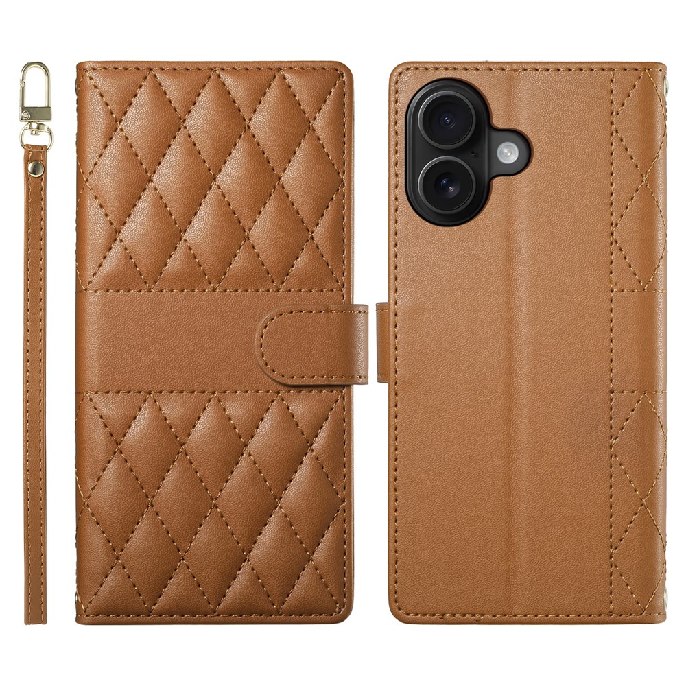 For iPhone 16 Plus Case Rhombus Stitching Wallet Stand Leather Phone Cover with Long  /  Short Strap - Brown
