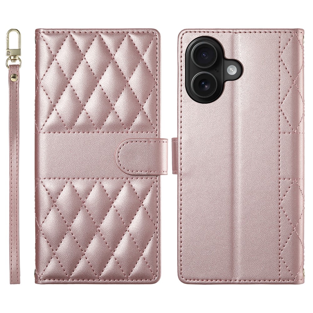 For iPhone 16 Plus Case Rhombus Stitching Wallet Stand Leather Phone Cover with Long  /  Short Strap - Rose Gold