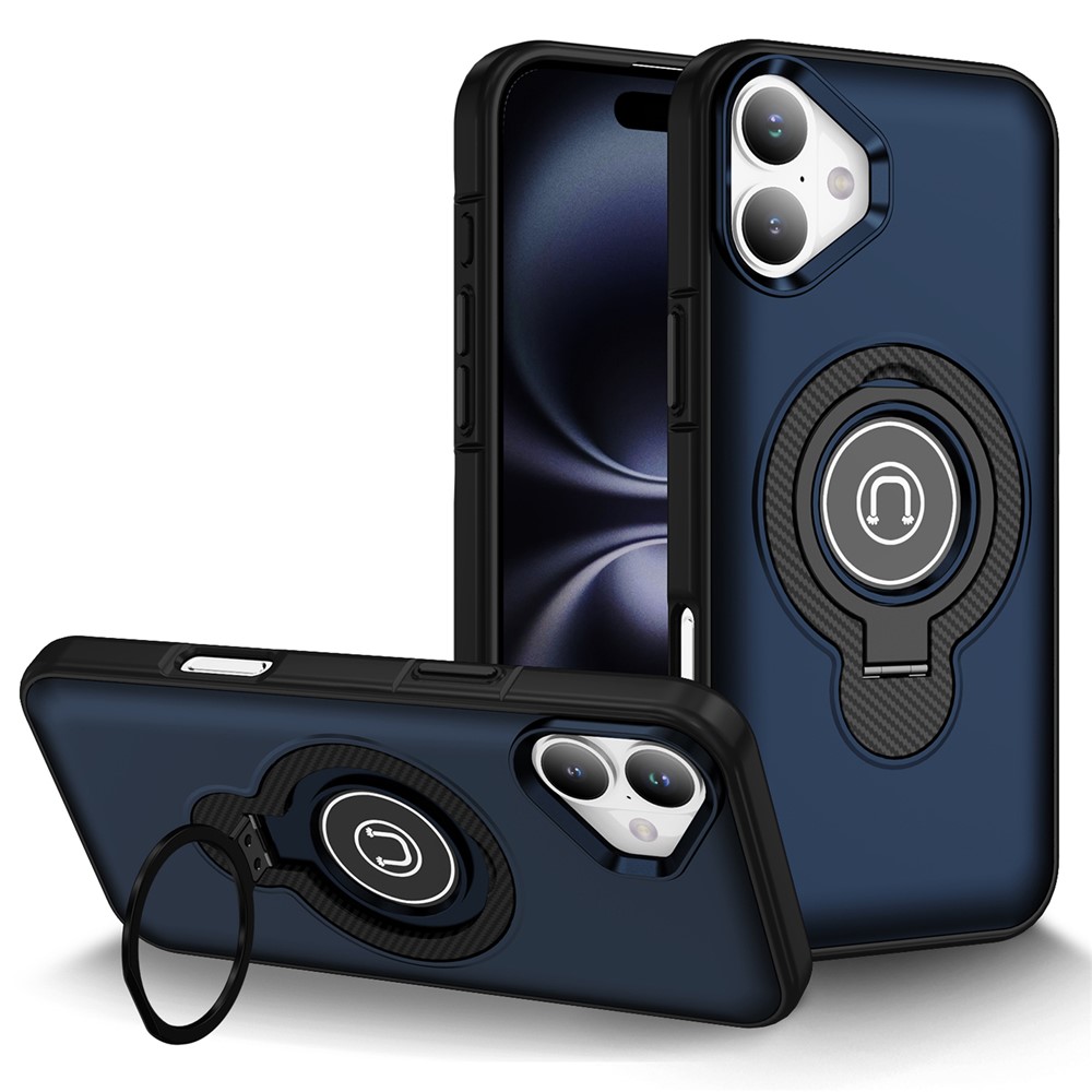 For iPhone 16 Plus Case TPU + PC Magnetic Car Mount Phone Cover with Ring Kickstand - Navy Blue