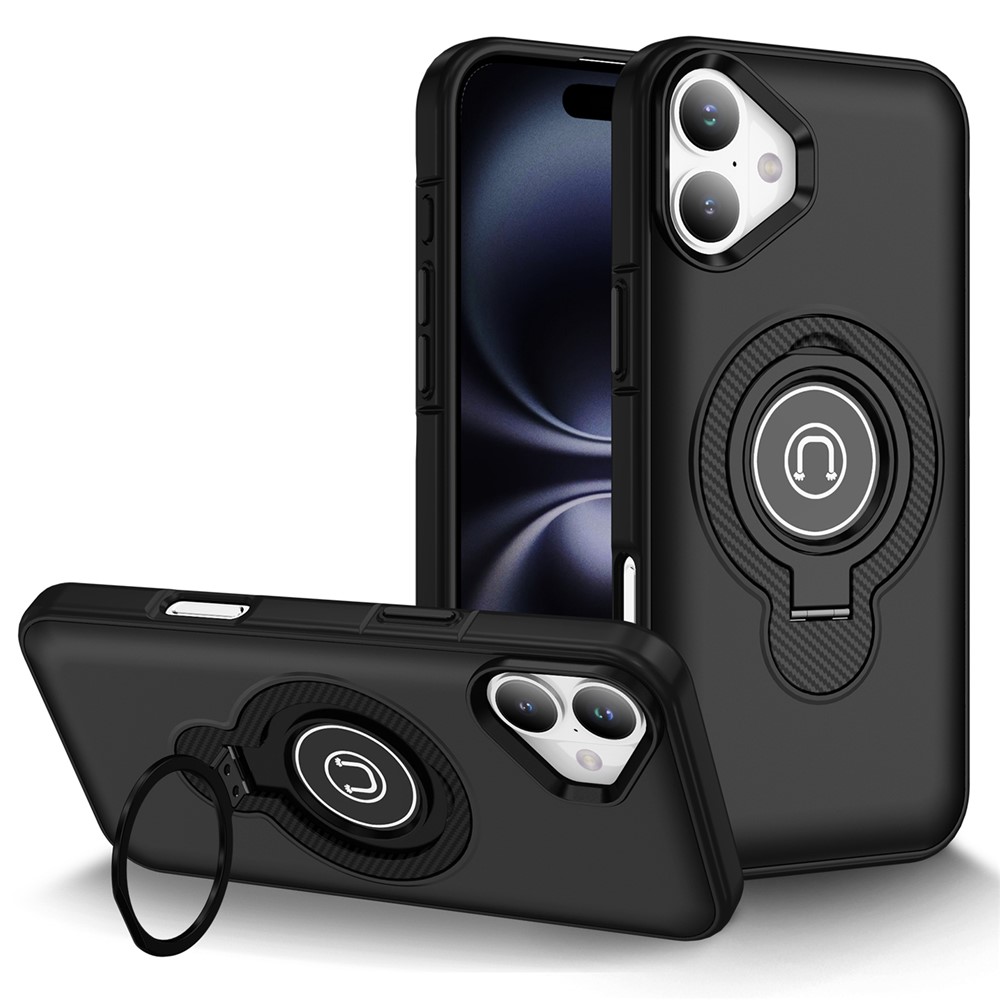 For iPhone 16 Plus Case TPU + PC Magnetic Car Mount Phone Cover with Ring Kickstand - Black
