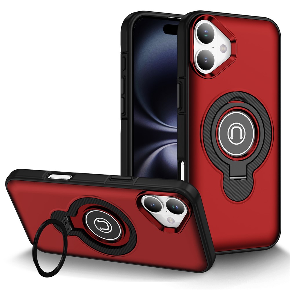 For iPhone 16 Plus Case TPU + PC Magnetic Car Mount Phone Cover with Ring Kickstand - Red