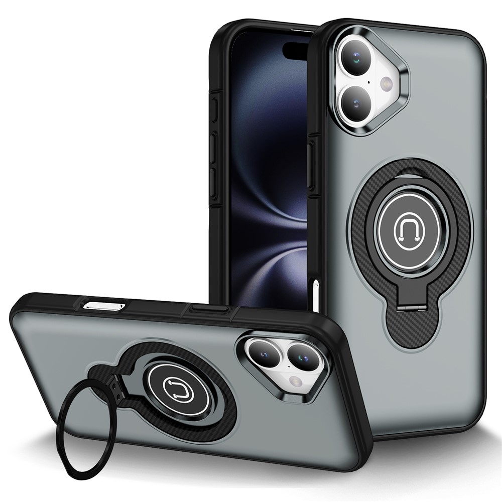 For iPhone 16 Plus Case TPU + PC Magnetic Car Mount Phone Cover with Ring Kickstand - Grey