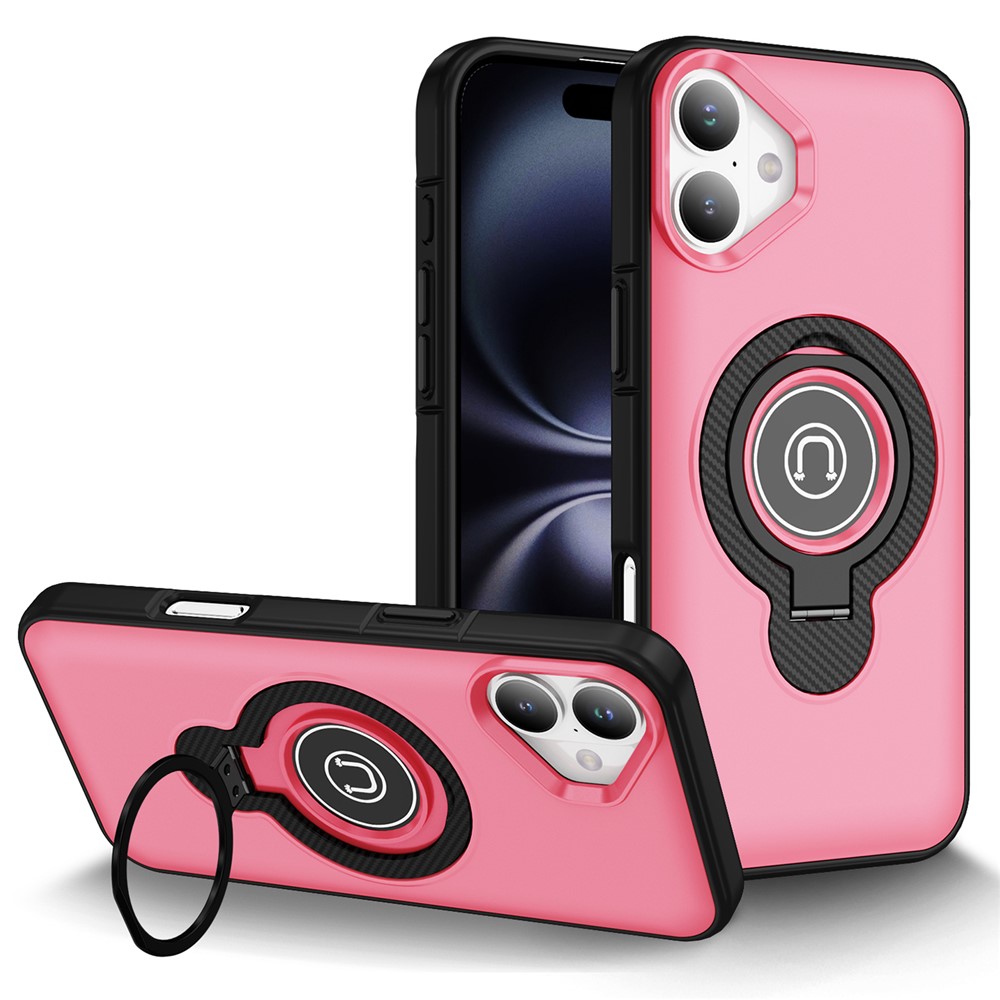 For iPhone 16 Plus Case TPU + PC Magnetic Car Mount Phone Cover with Ring Kickstand - Pink