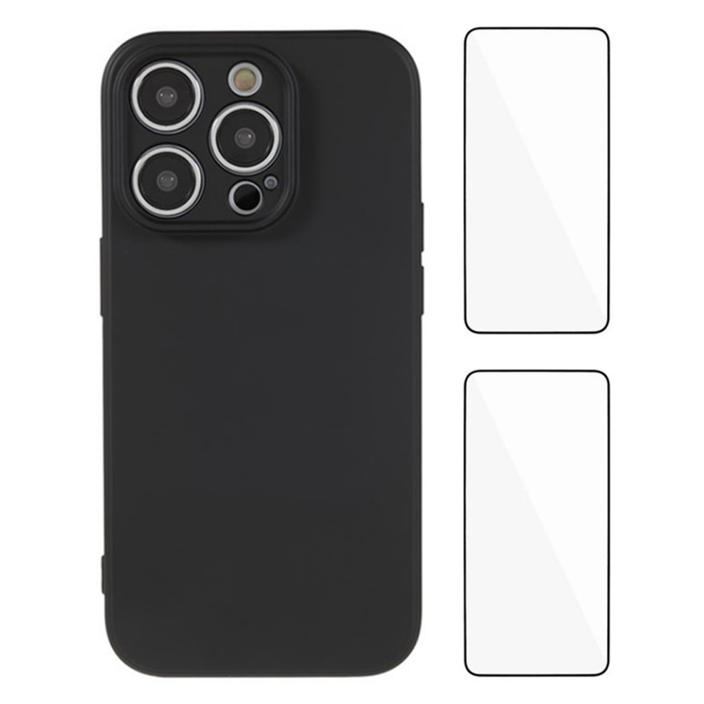 WANLONFENG RB3 Series For iPhone 15 Pro Case with 2Pcs Screen Film, Precise Lens Hole Soft TPU Phone Back Cover - Black