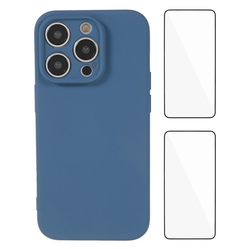 WANLONFENG RB3 Series For iPhone 15 Pro Case with 2Pcs Screen Film, Precise Lens Hole Soft TPU Phone Back Cover - Sapphire