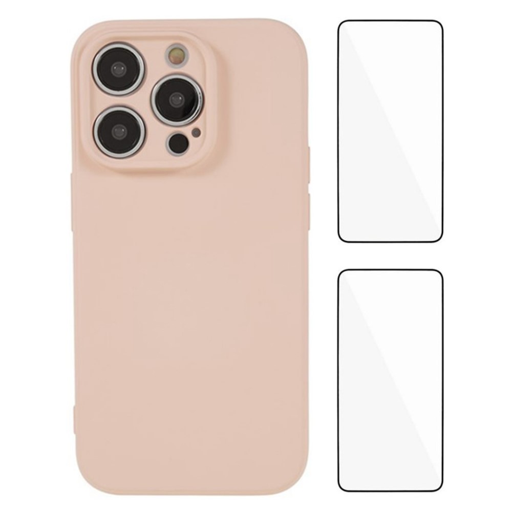 WANLONFENG RB3 Series For iPhone 15 Pro Case with 2Pcs Screen Film, Precise Lens Hole Soft TPU Phone Back Cover - Pink