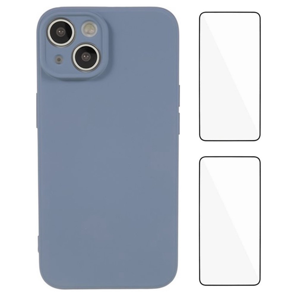 WANLONFENG RB3 Series For iPhone 14 Case with 2Pcs Screen Film, Precise Lens Hole Soft TPU Phone Back Cover - Lavender Grey