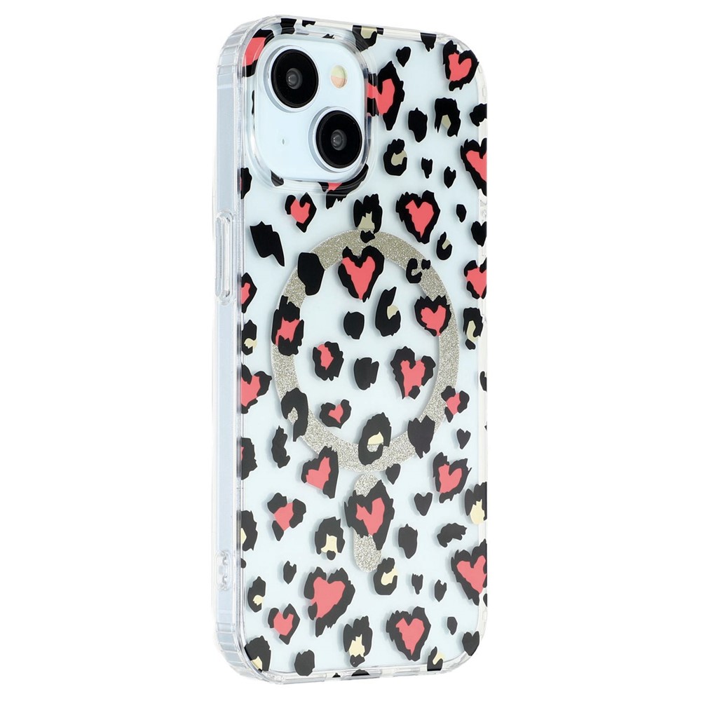 For iPhone 15 Magnetic Case Clear Anti-Yellowing PC + TPU Phone Back Cover Leopard Print Design - Red