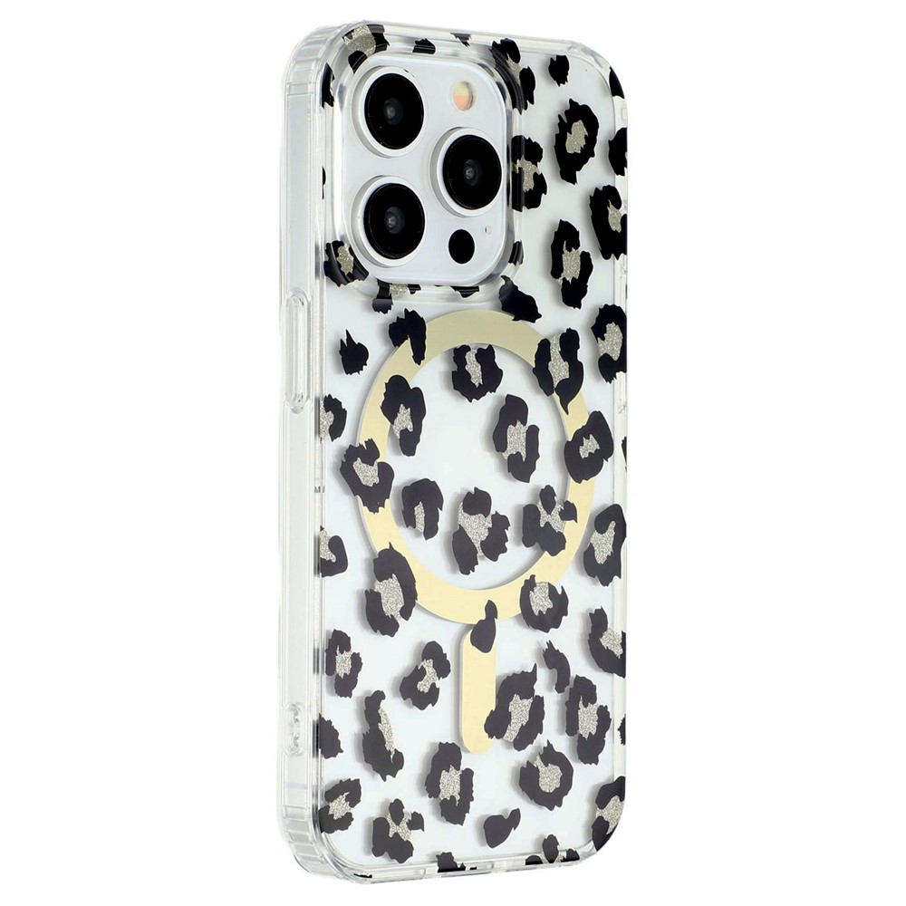 For iPhone 15 Pro Max Magnetic Case Clear Anti-Yellowing PC + TPU Phone Back Cover Leopard Print Design - Black