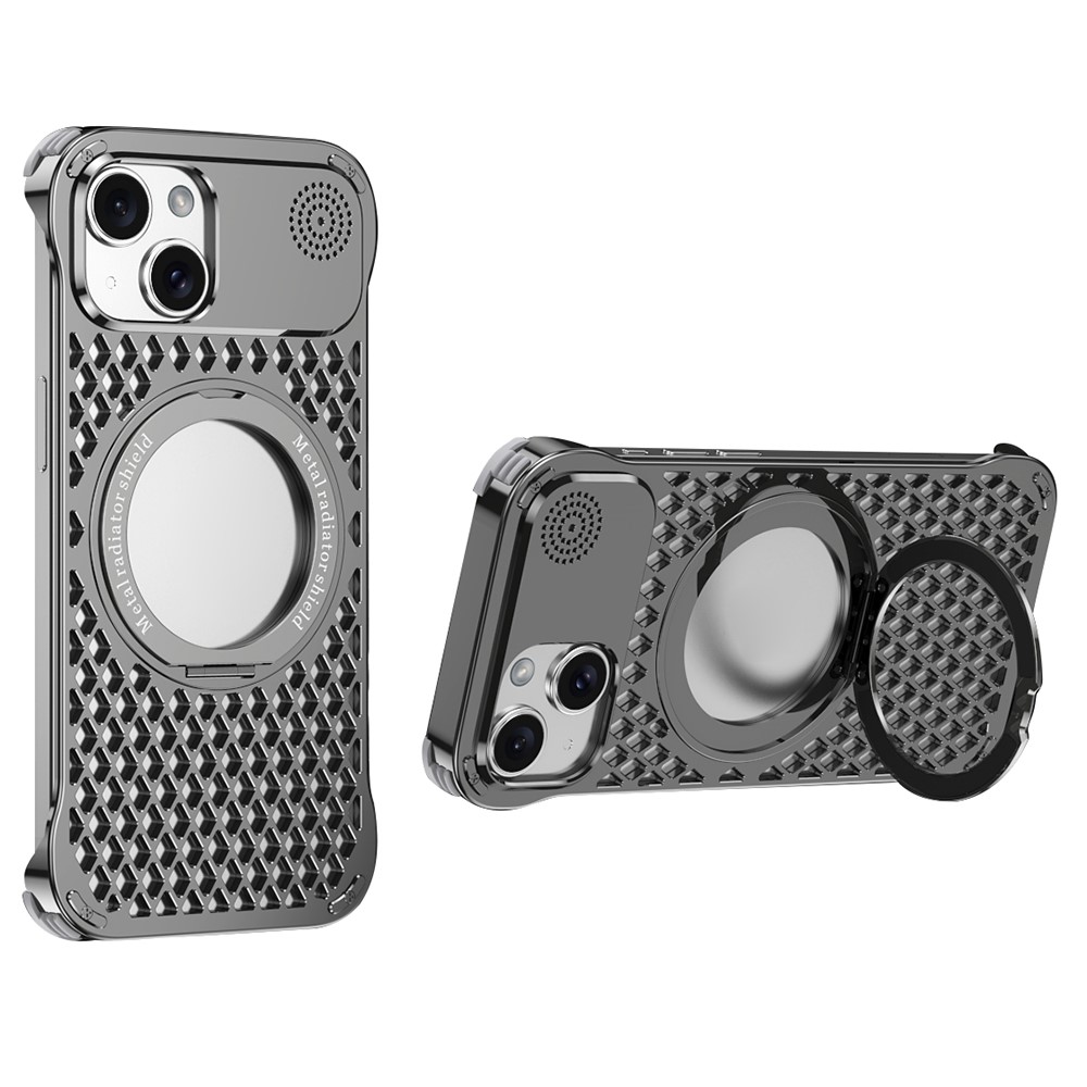 R-JUST RJ64 For iPhone 14 Magnetic Case Aluminum Alloy Perfume Cooling Phone Cover with Rotating Kickstand - Grey