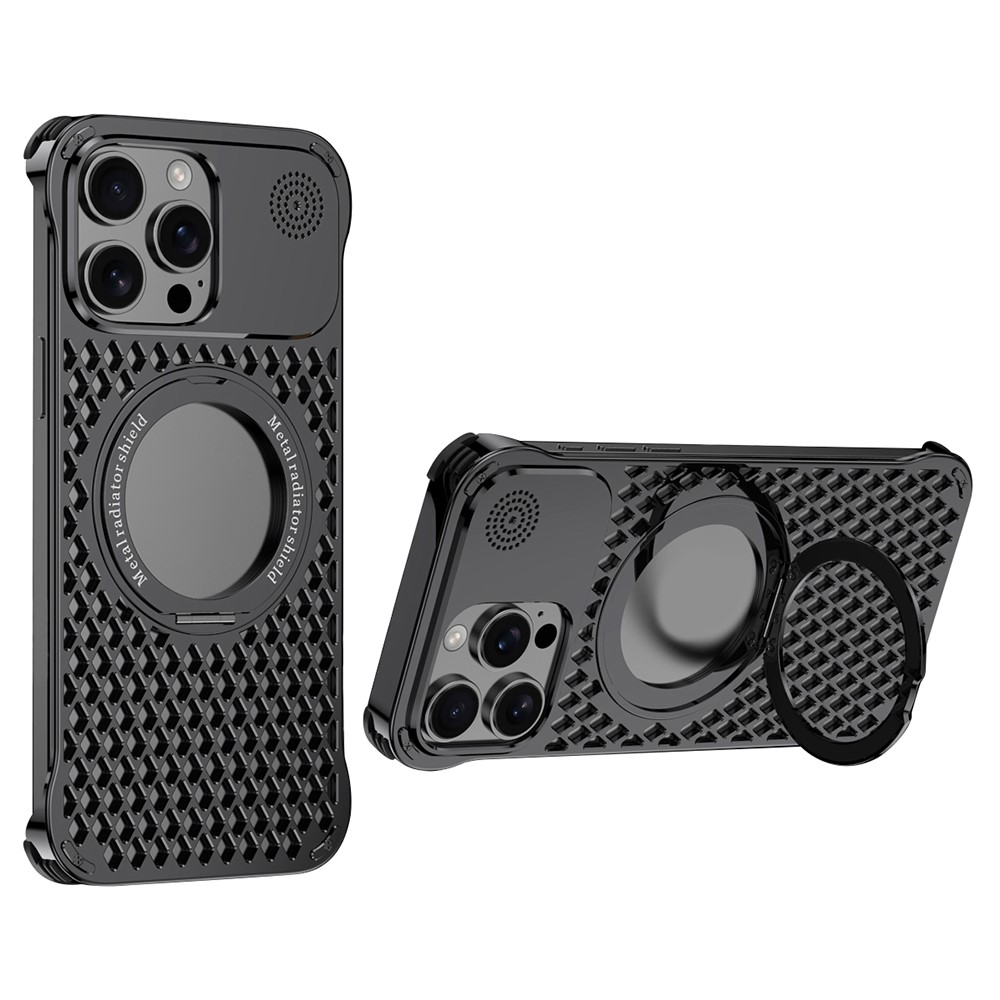 R-JUST RJ64 For iPhone 14 Pro Magnetic Case Aluminum Alloy Perfume Cooling Phone Cover with Rotating Kickstand - Black