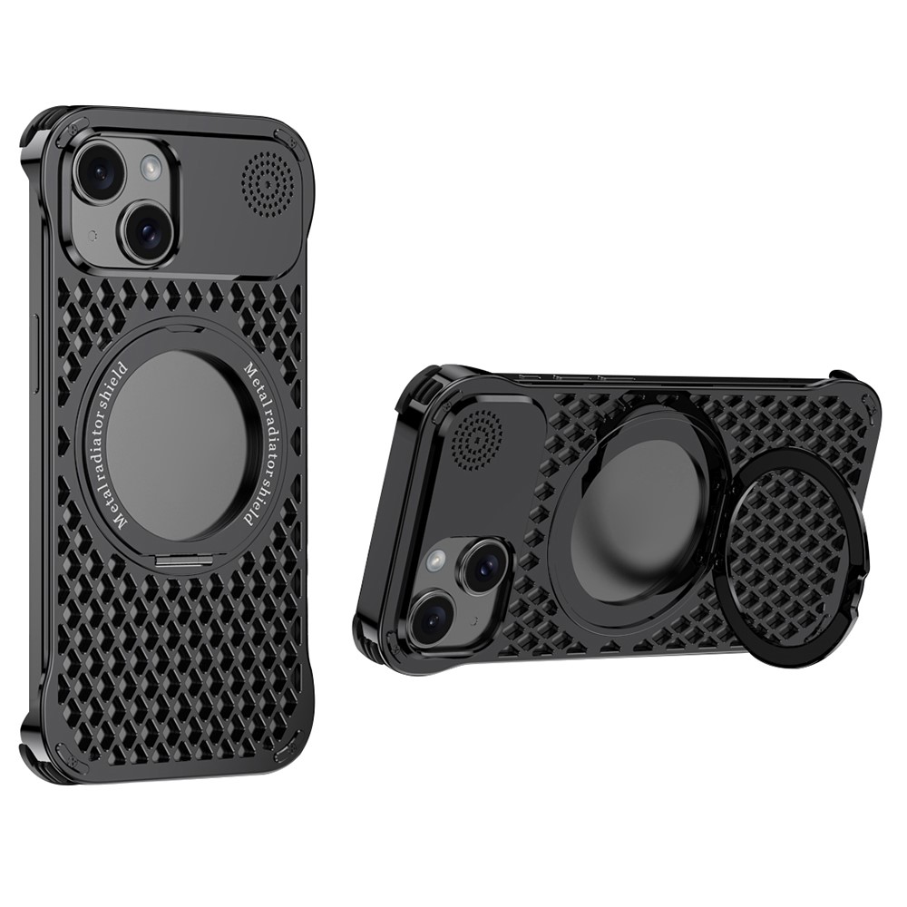 R-JUST RJ64 For iPhone 15 Magnetic Case Aluminum Alloy Perfume Cooling Phone Cover with Rotating Kickstand - Black