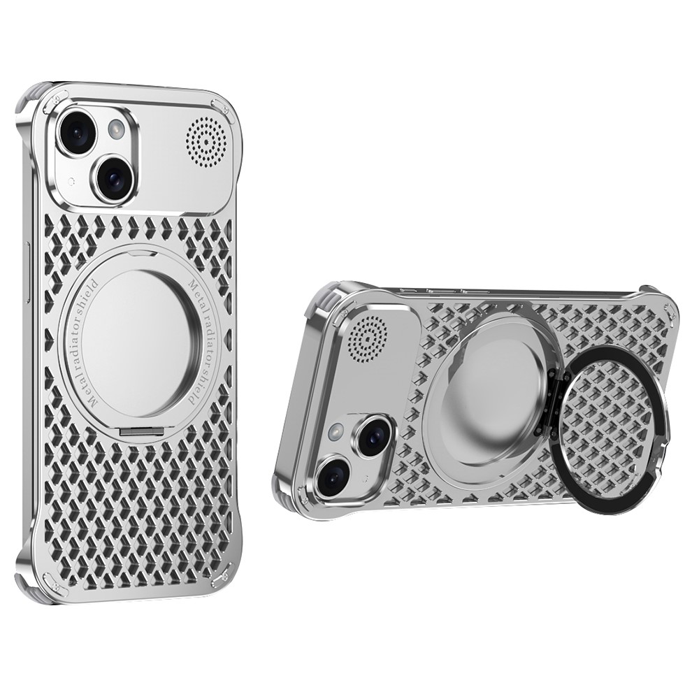 R-JUST RJ64 For iPhone 15 Magnetic Case Aluminum Alloy Perfume Cooling Phone Cover with Rotating Kickstand - Silver