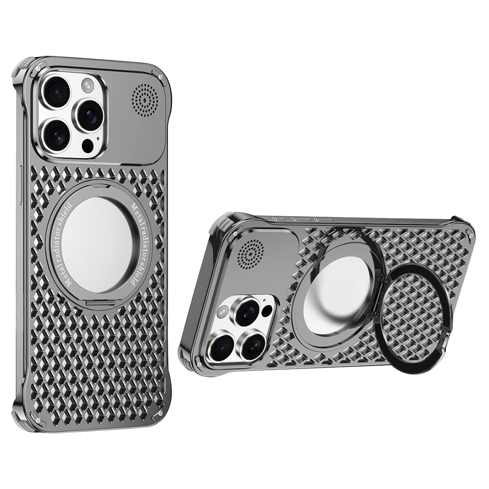 R-JUST RJ64 For iPhone 15 Pro Max Magnetic Case Aluminum Alloy Perfume Cooling Phone Cover with Rotating Kickstand - Grey