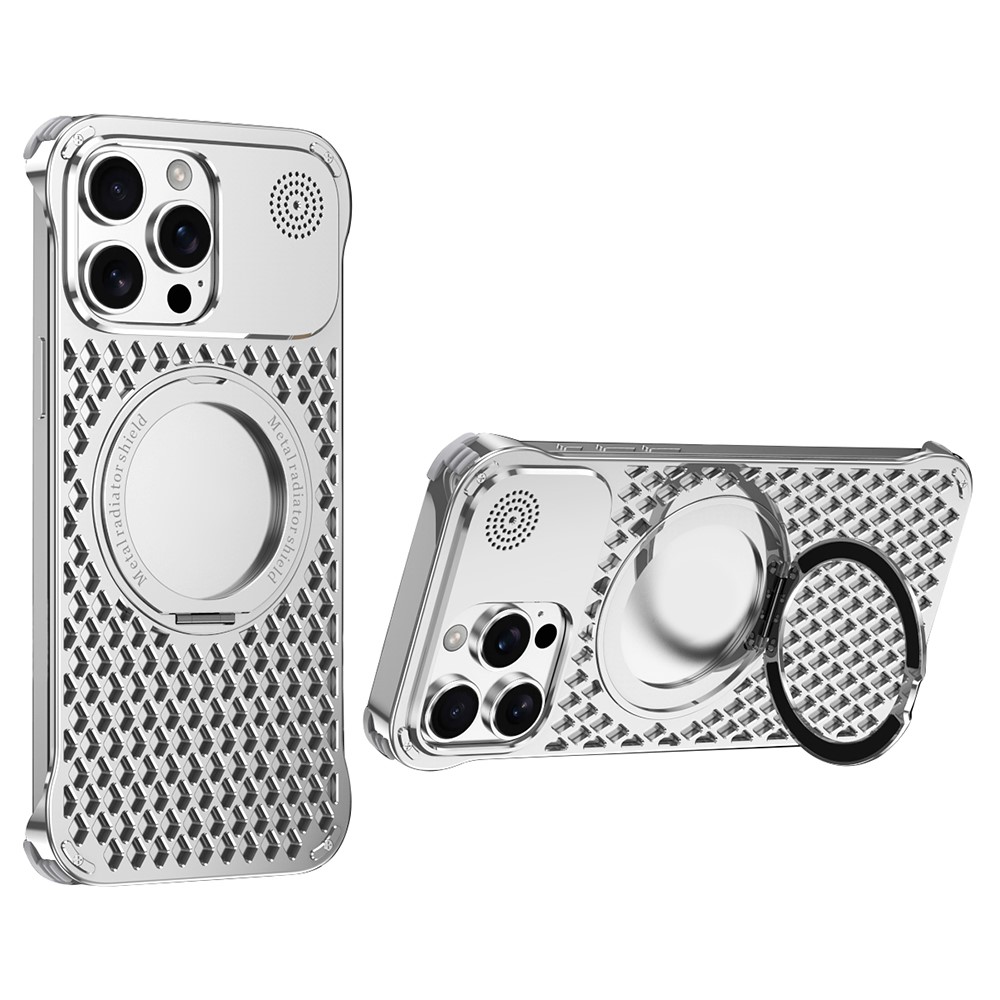 R-JUST RJ64 For iPhone 15 Pro Max Magnetic Case Aluminum Alloy Perfume Cooling Phone Cover with Rotating Kickstand - Silver