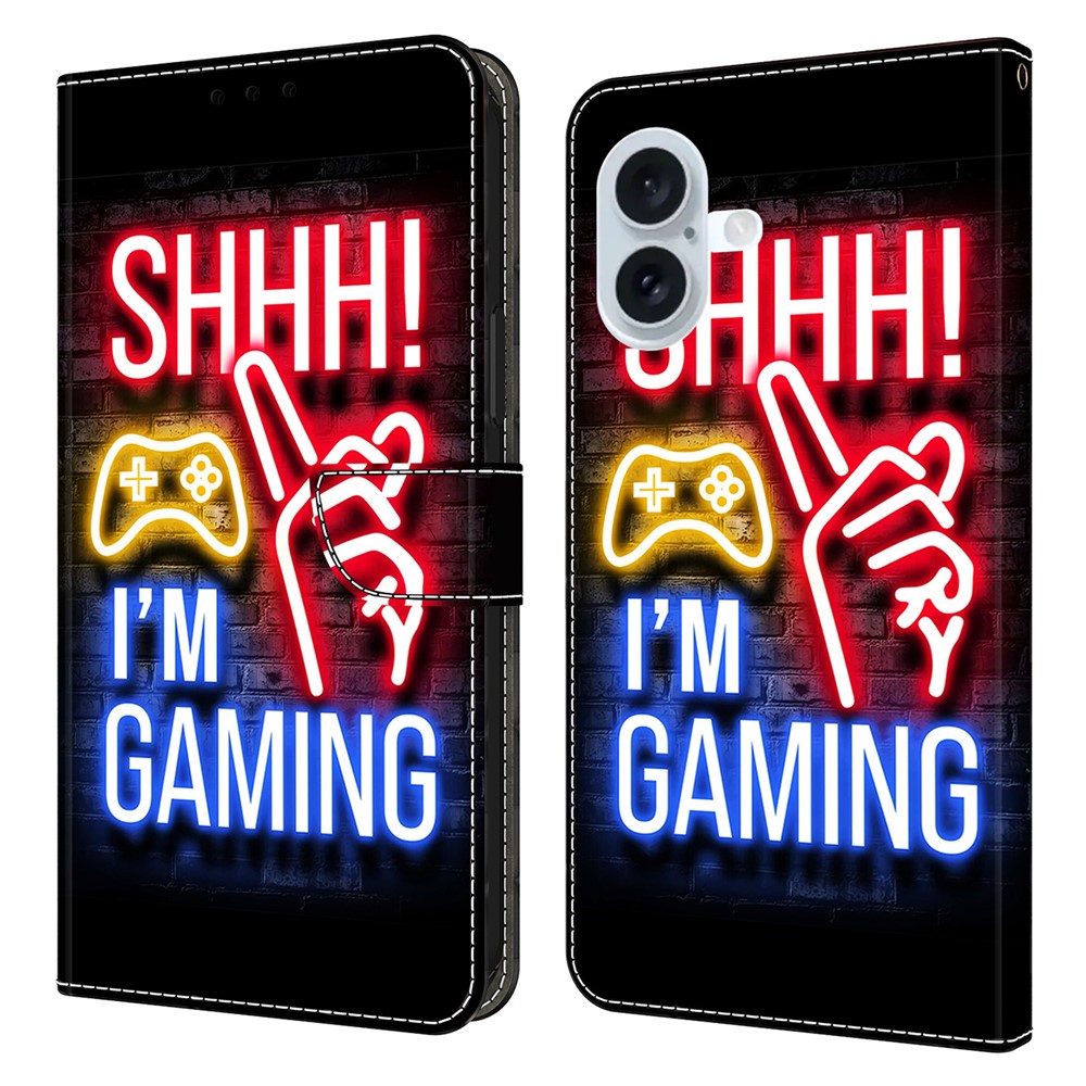 For iPhone 16 Plus Wallet Case Pattern Printing Stand Leather Flip Phone Cover - Neon