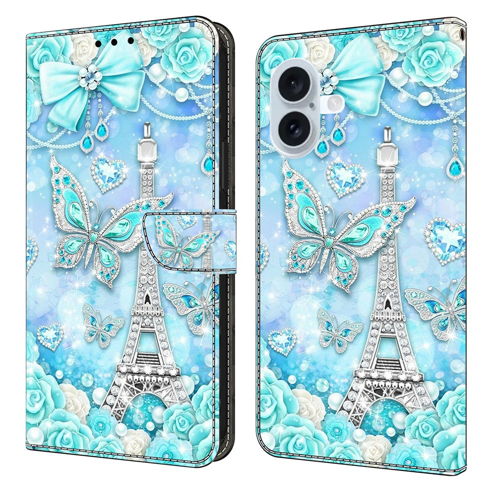 For iPhone 16 Plus Wallet Case Pattern Printing Stand Leather Flip Phone Cover - Butterfly Cobalt Tower