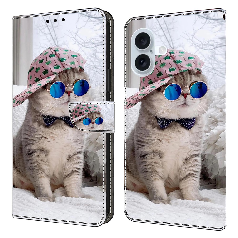 For iPhone 16 Plus Wallet Case Pattern Printing Stand Leather Flip Phone Cover - Hat Cat