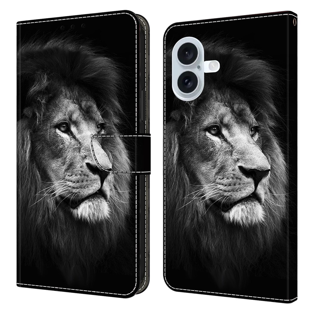 For iPhone 16 Plus Wallet Case Pattern Printing Stand Leather Flip Phone Cover - Lion
