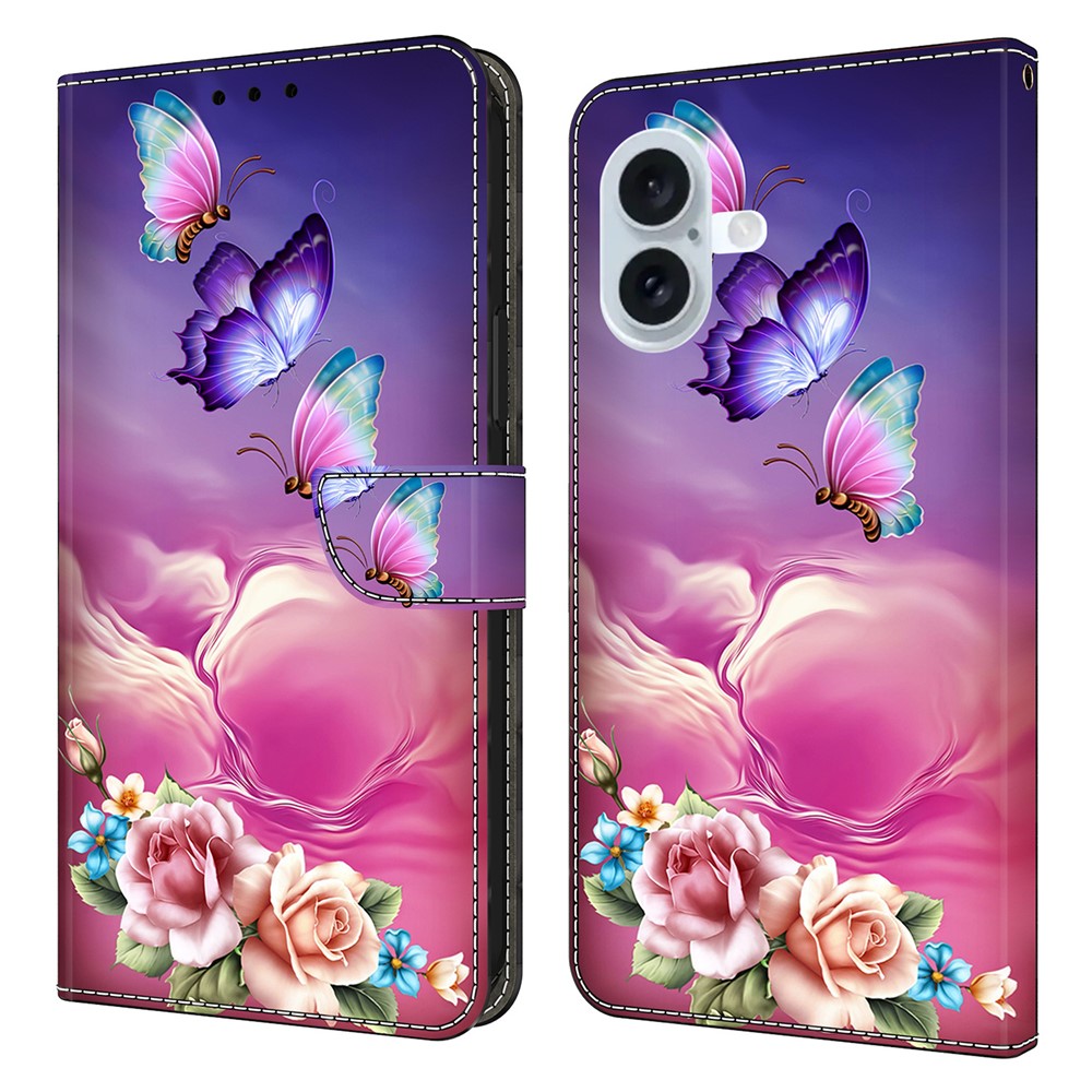 For iPhone 16 Plus Wallet Case Pattern Printing Stand Leather Flip Phone Cover - Floral Butterfly
