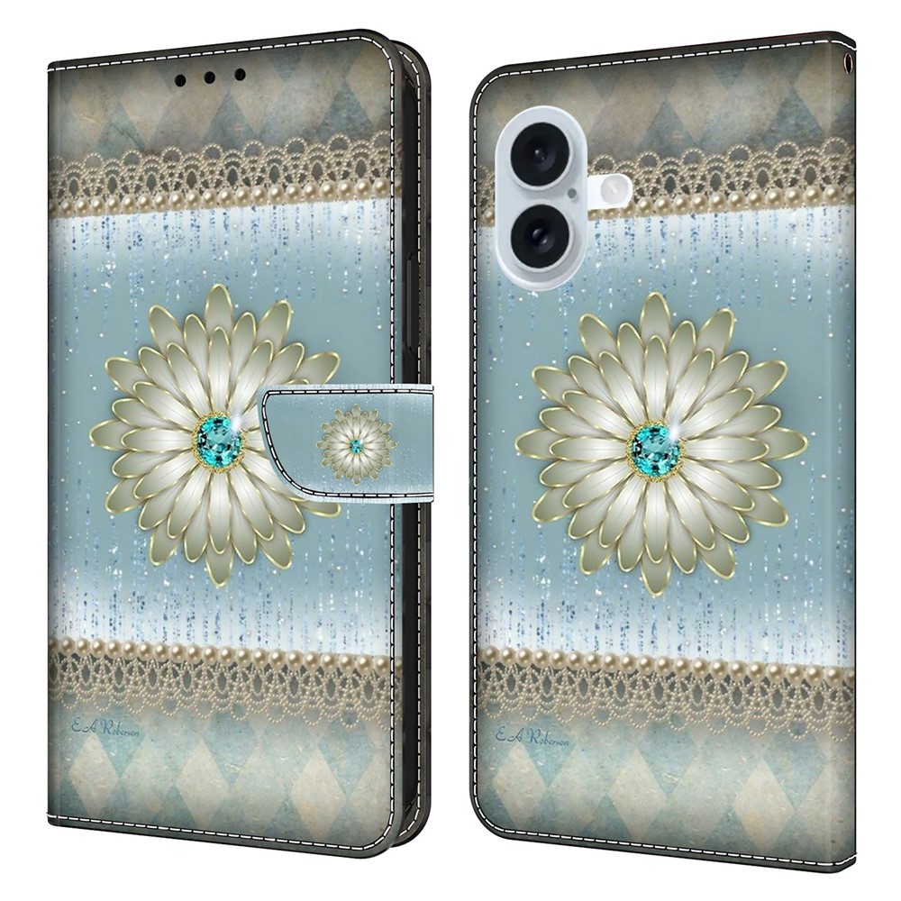 For iPhone 16 Plus Wallet Case Pattern Printing Stand Leather Flip Phone Cover - Blue Diamond Flower