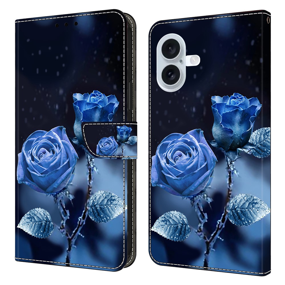 For iPhone 16 Plus Wallet Case Pattern Printing Stand Leather Flip Phone Cover - Blue Roses