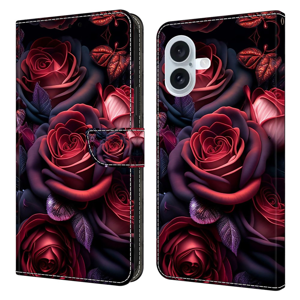 For iPhone 16 Plus Wallet Case Pattern Printing Stand Leather Flip Phone Cover - Black Rose