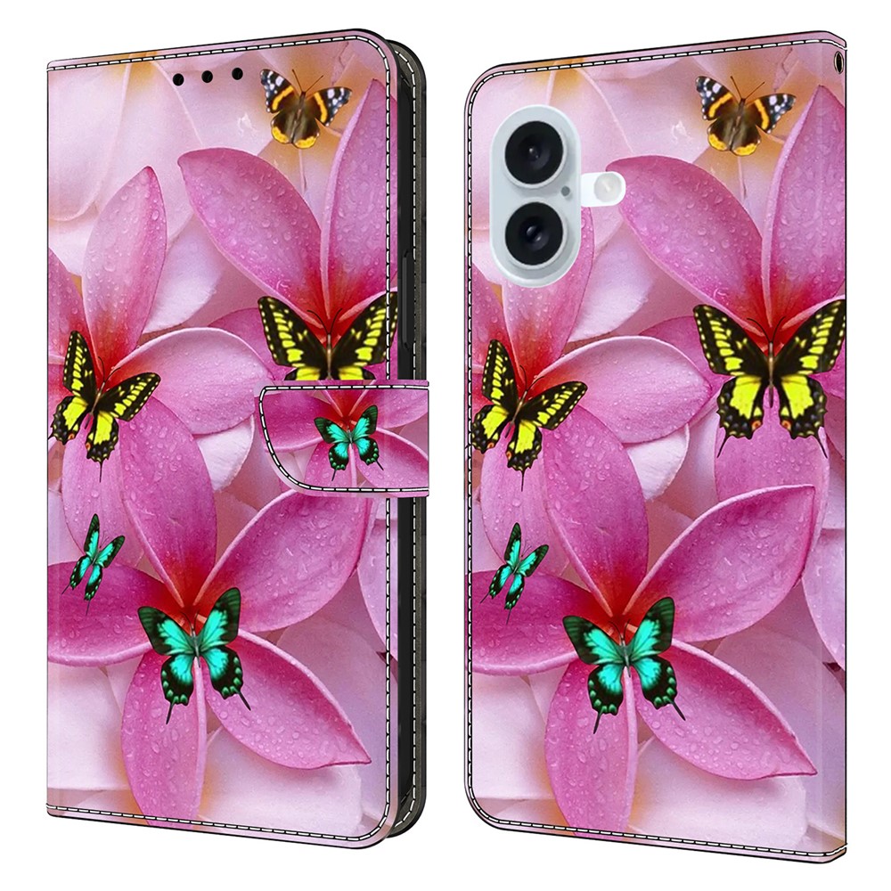 For iPhone 16 Plus Wallet Case Pattern Printing Stand Leather Flip Phone Cover - Pink Floral Butterfly