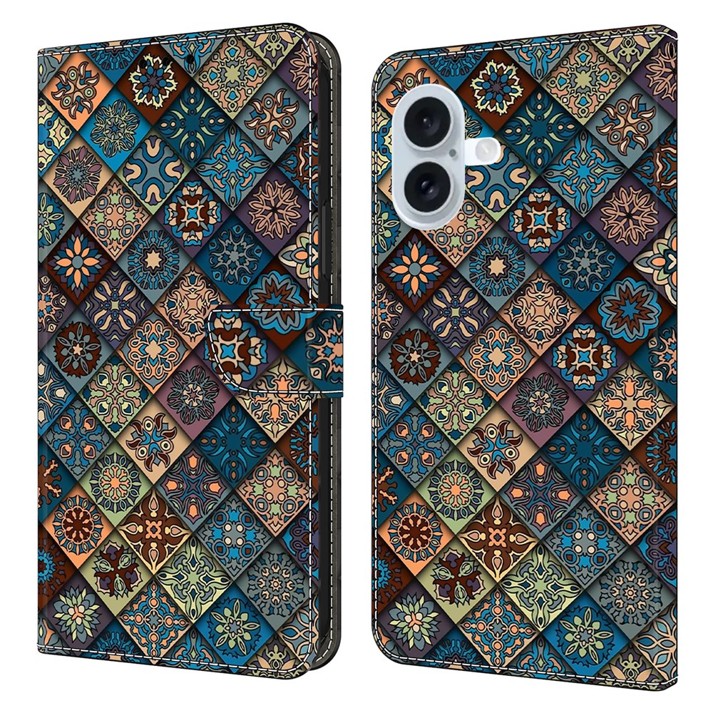 For iPhone 16 Plus Wallet Case Pattern Printing Stand Leather Flip Phone Cover - Blue Floral