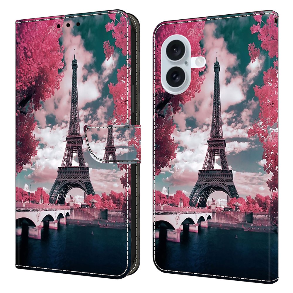For iPhone 16 Plus Wallet Case Pattern Printing Stand Leather Flip Phone Cover - Eiffel Tower