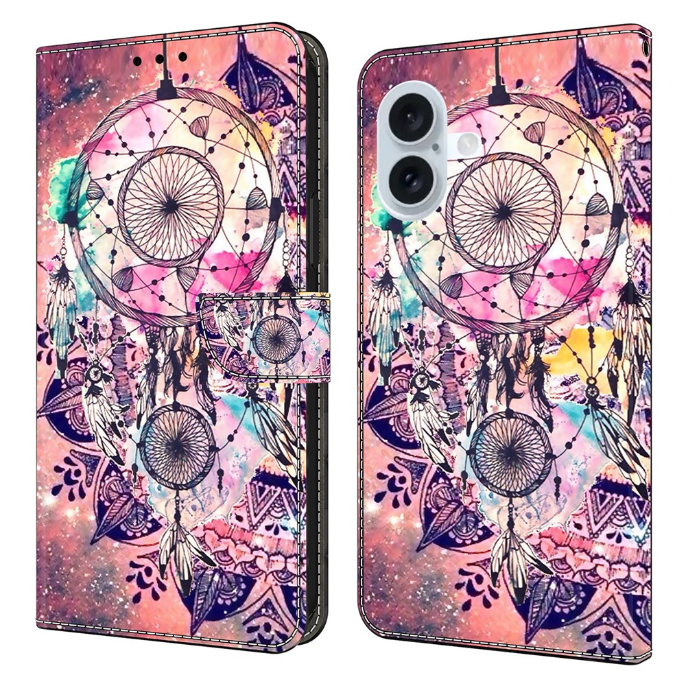For iPhone 16 Plus Wallet Case Pattern Printing Stand Leather Flip Phone Cover - Wind Chime