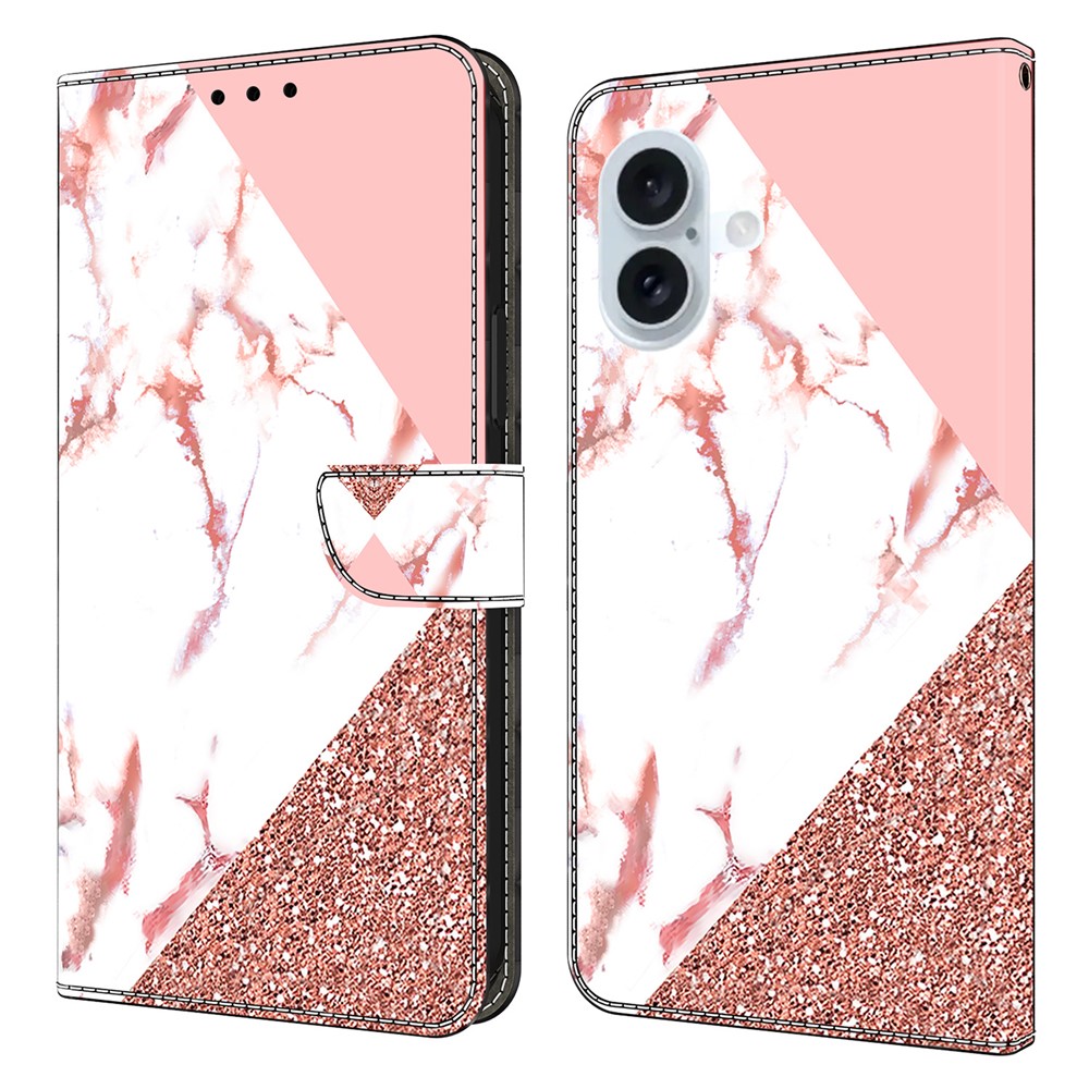 For iPhone 16 Plus Wallet Case Pattern Printing Stand Leather Flip Phone Cover - Triangular Marble