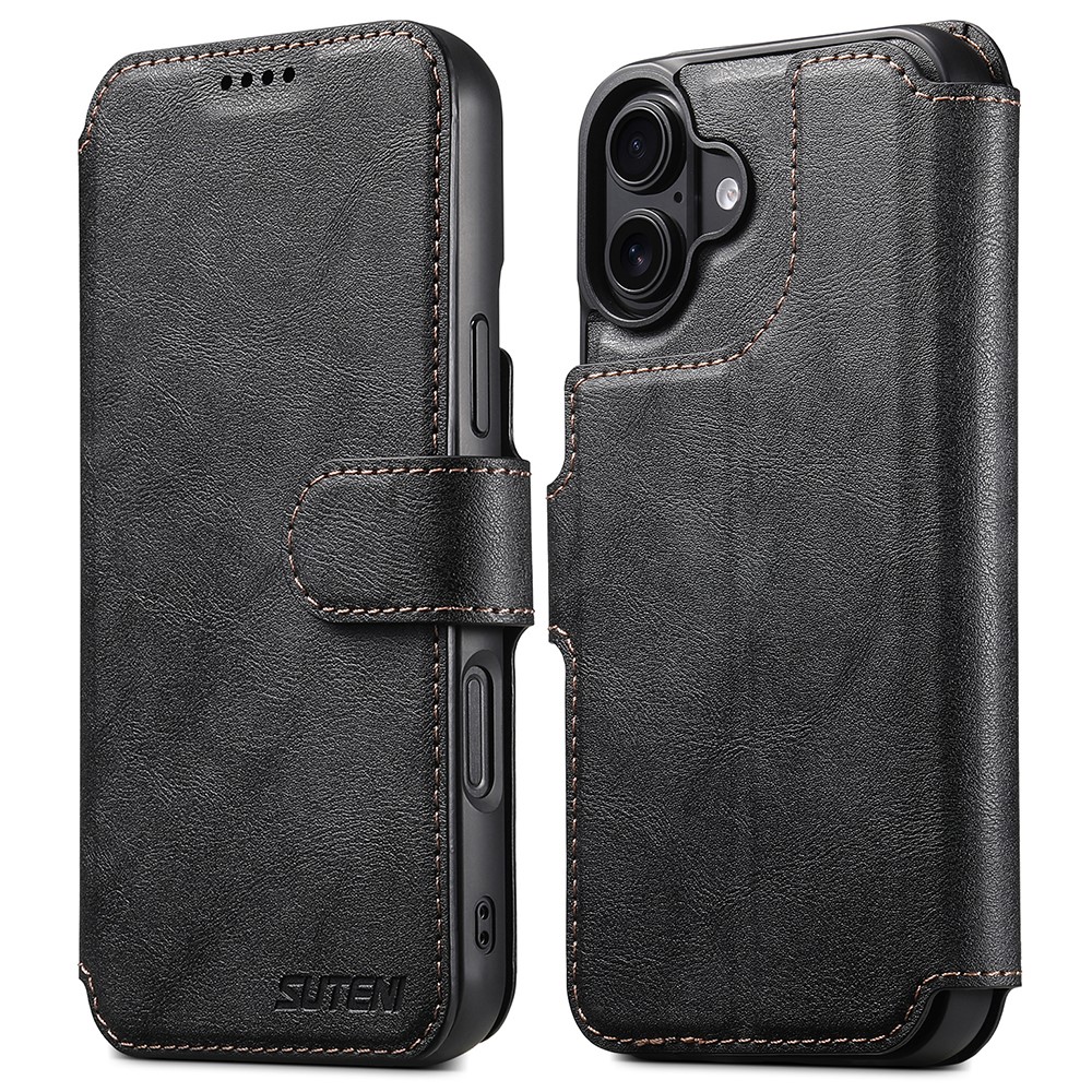 SUTENI Q-05 For iPhone 16 Plus Wallet Case 2 in 1 Detachable Leather Flip Phone Cover with Stand - Black